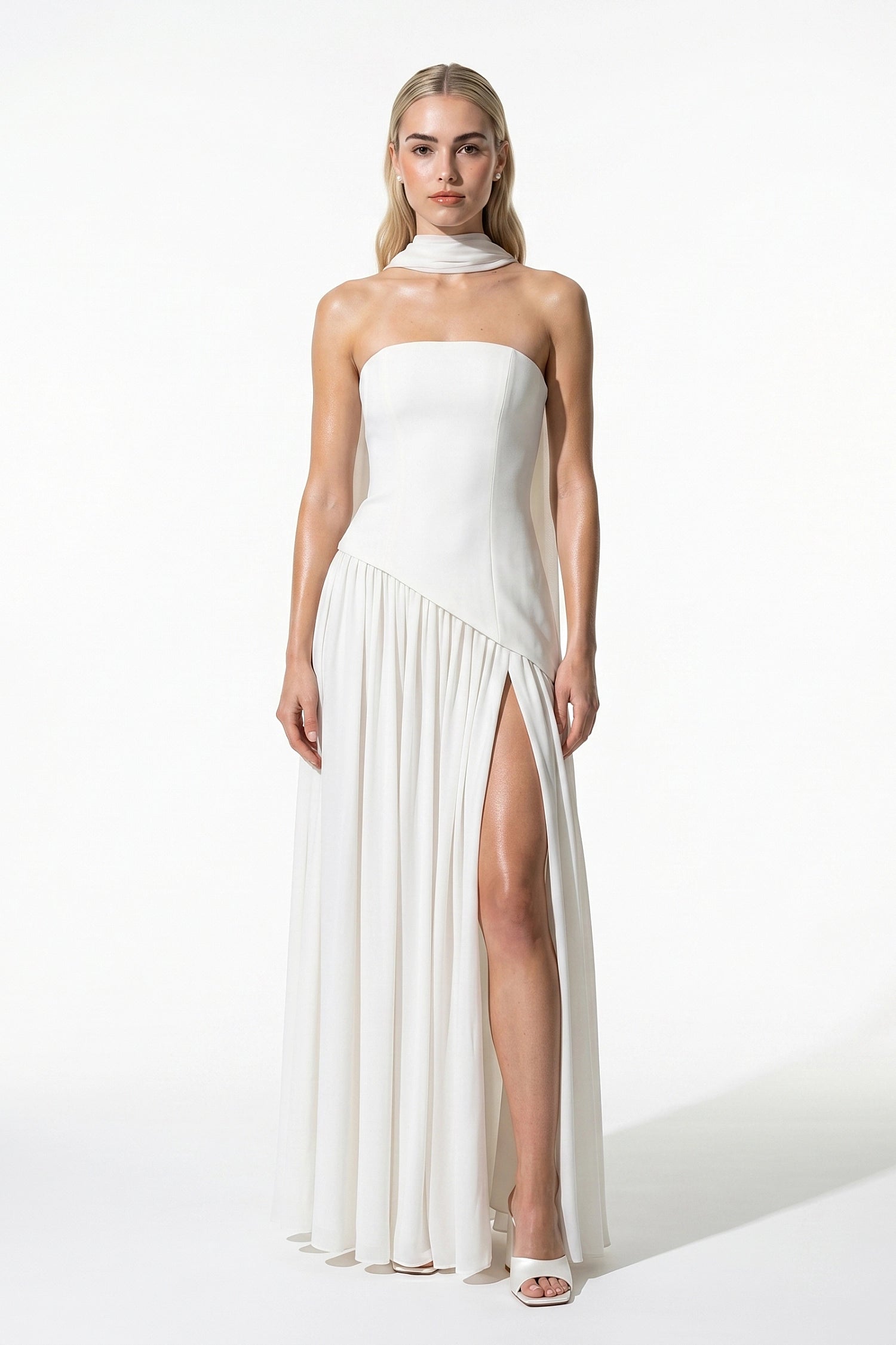 Caurelle | Women’s Strapless Maxi Dress Draped Scarf Elegance
