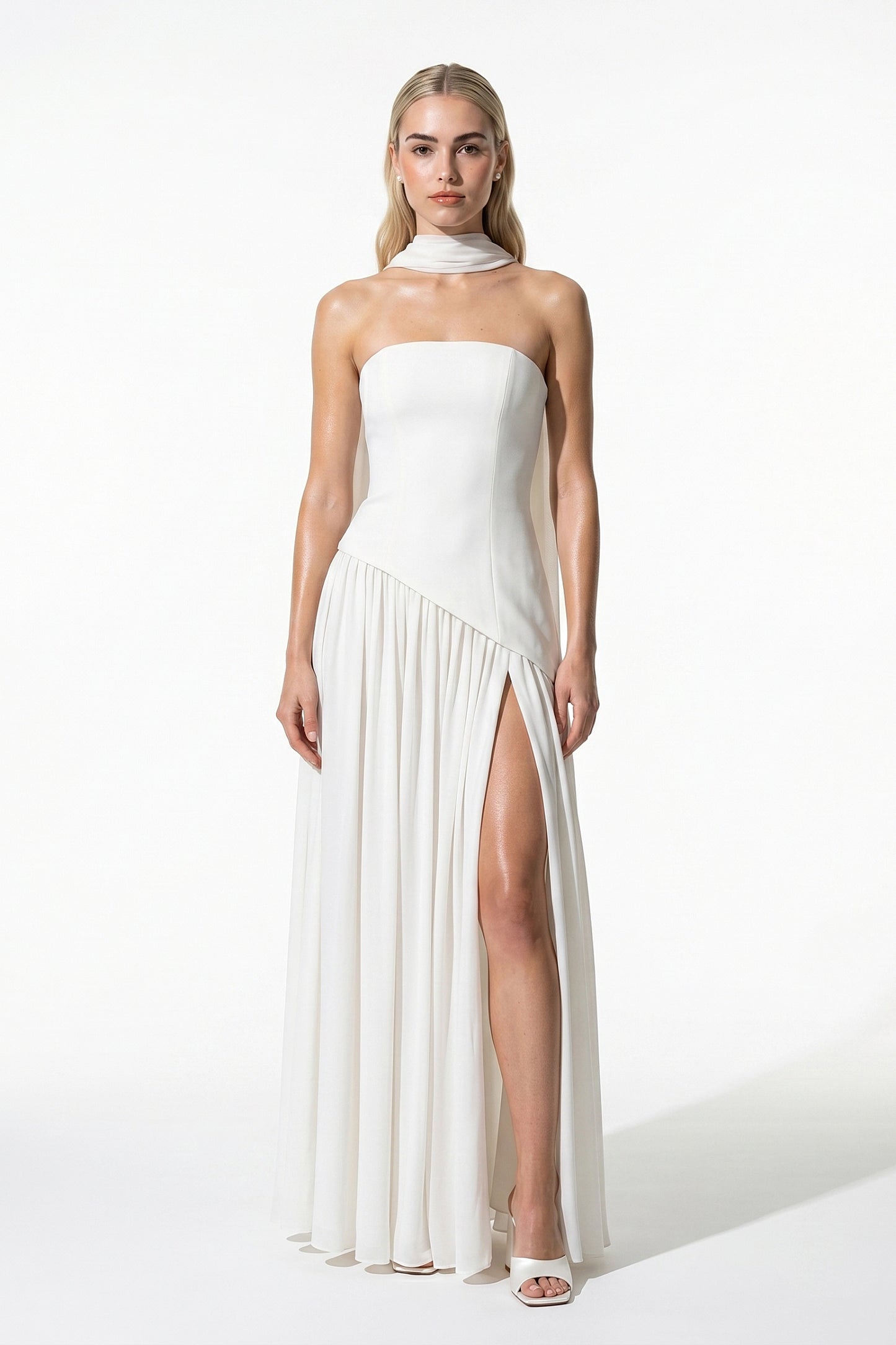 Caurelle | Women’s Strapless Maxi Dress Draped Scarf Elegance
