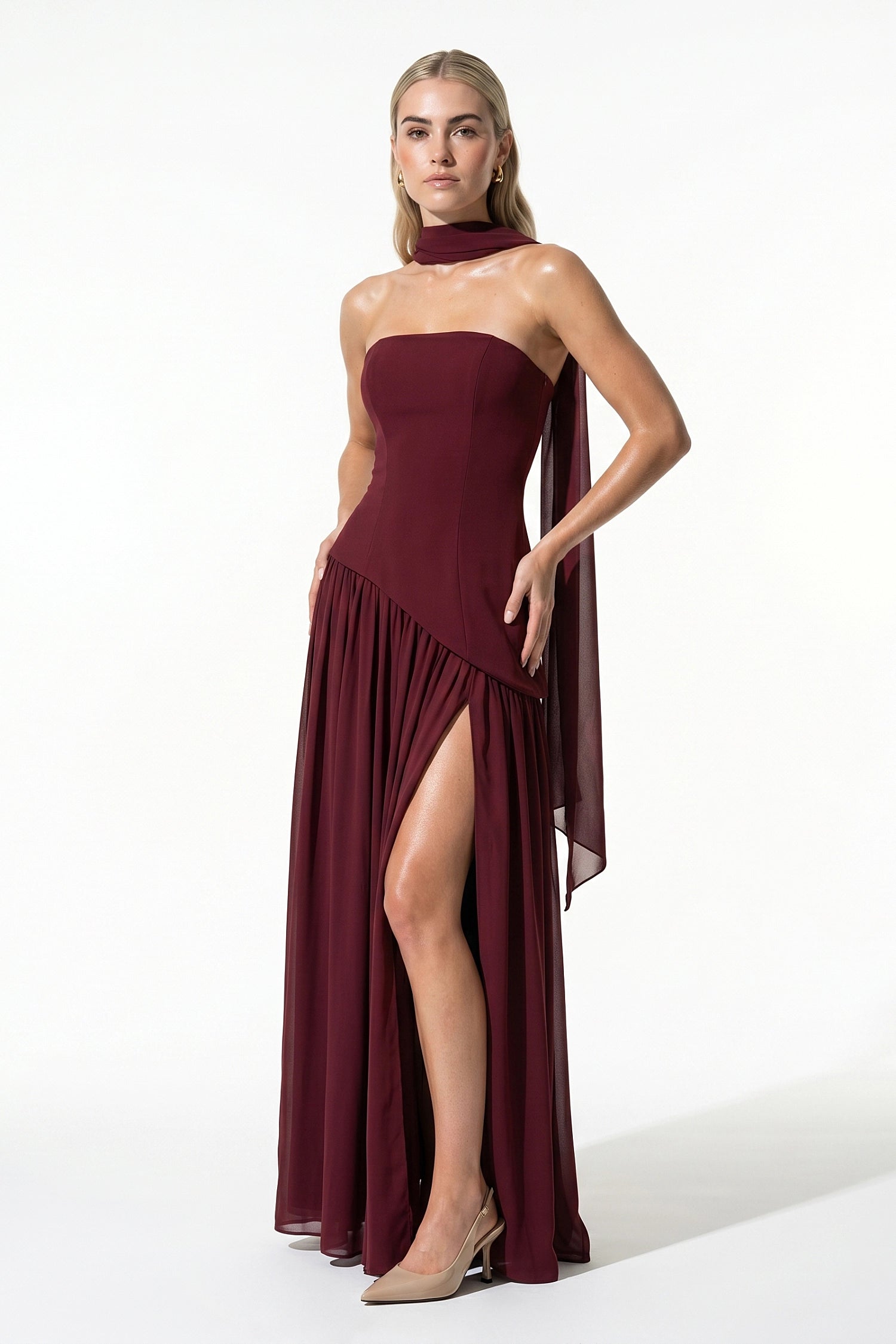 Caurelle | Women’s Strapless Maxi Dress Draped Scarf Elegance
