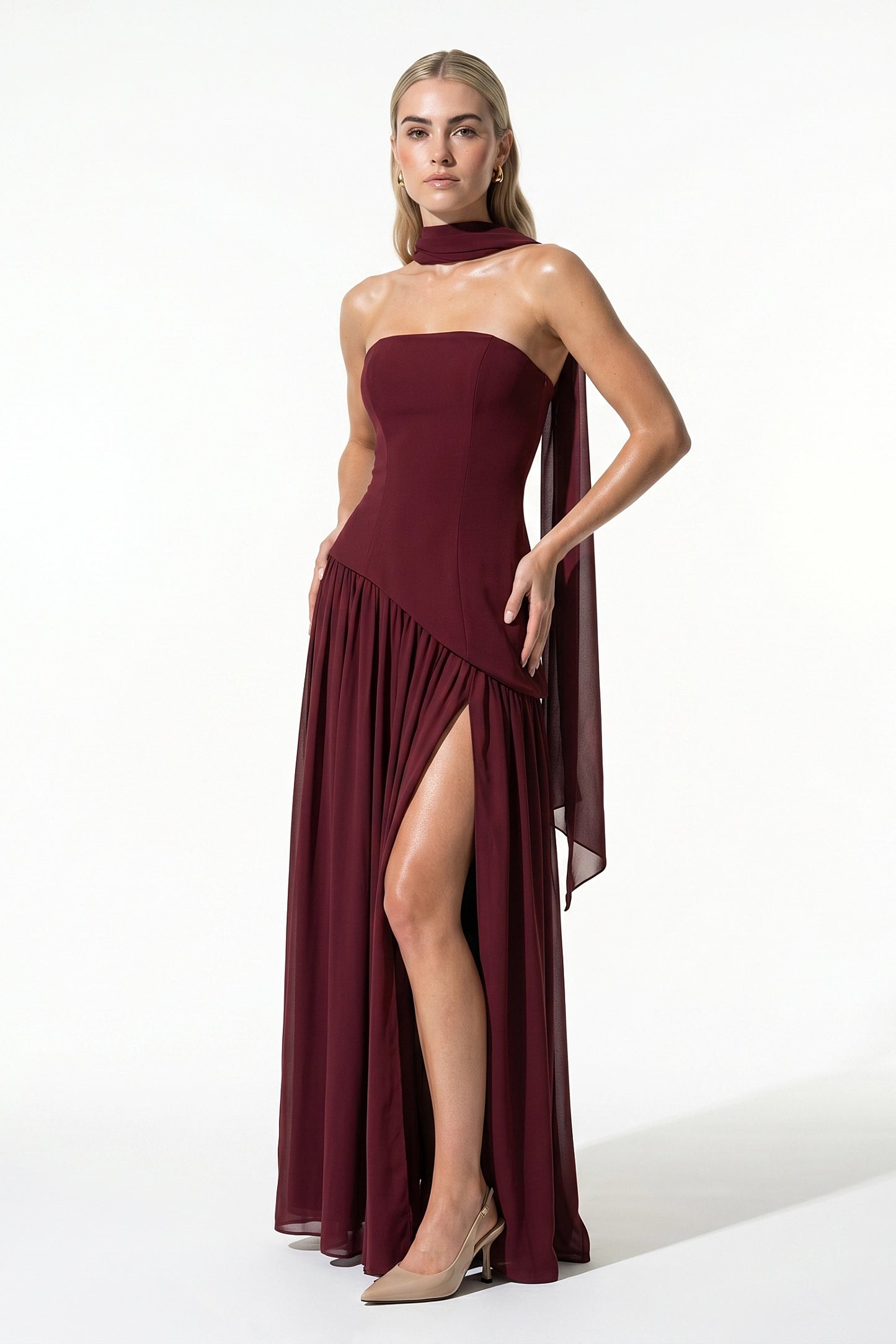 Caurelle | Women’s Strapless Maxi Dress Draped Scarf Elegance