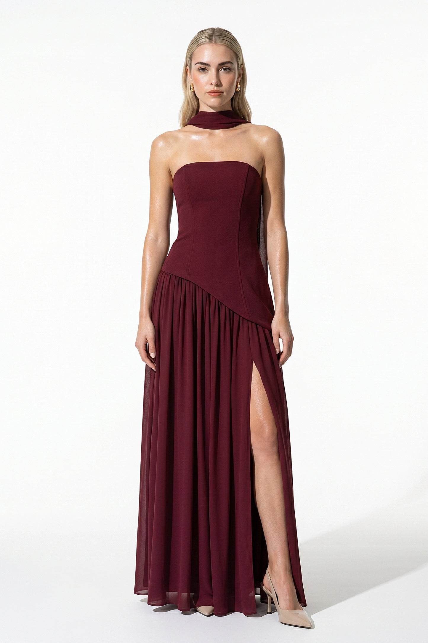 Caurelle | Women’s Strapless Maxi Dress Draped Scarf Elegance