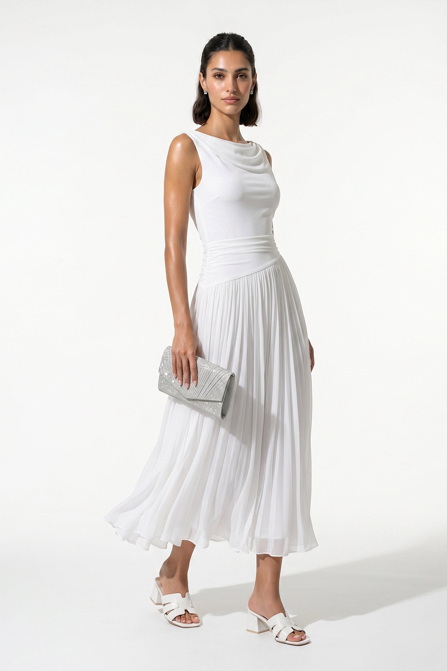 Caurelle | Women’s Pleated Midi Dress Draped Wedding Elegance