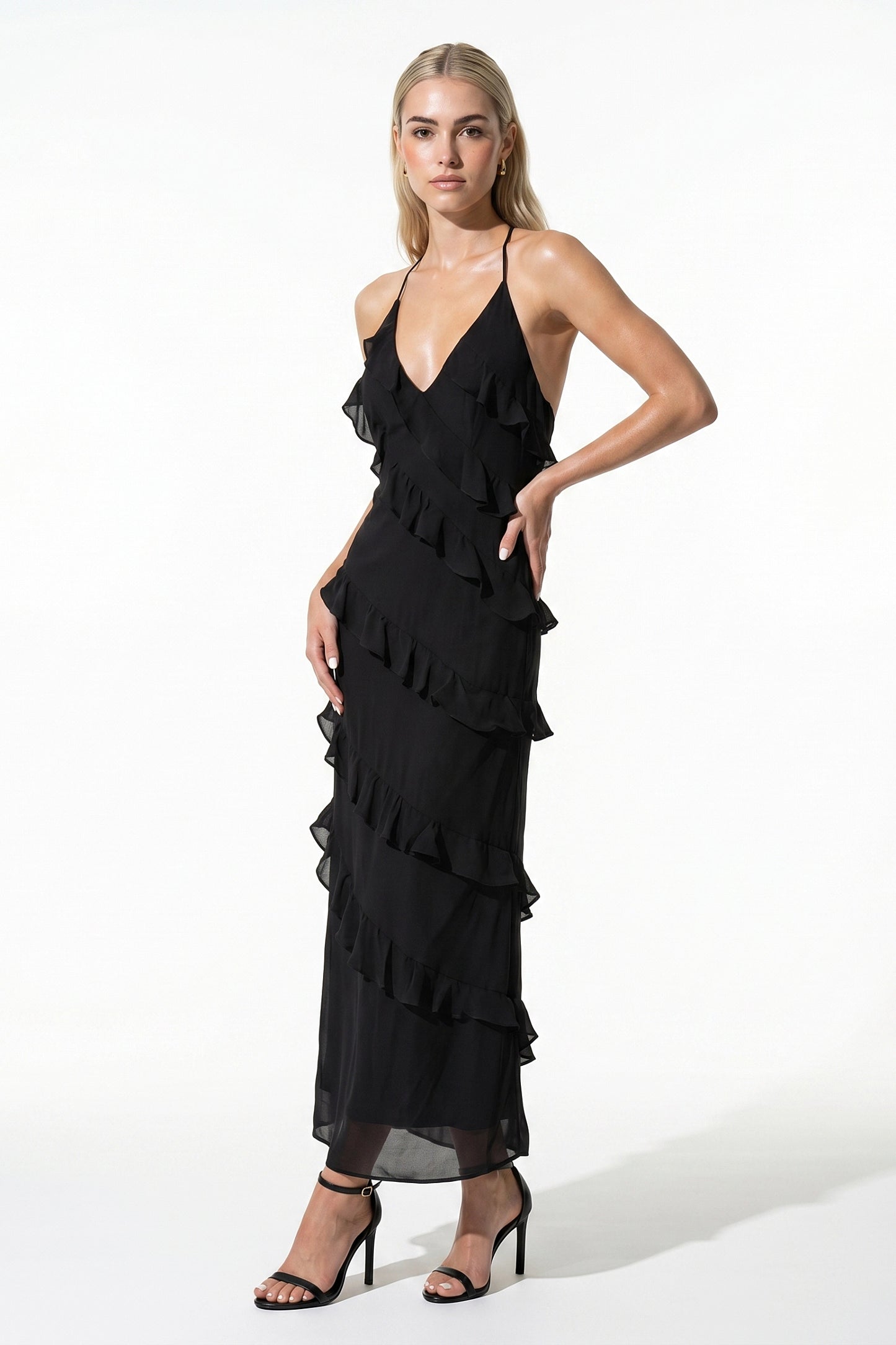 Women's Halter Neck Ruffle Maxi Dress – Elegant Sleeveless Summer Occasion Dress
