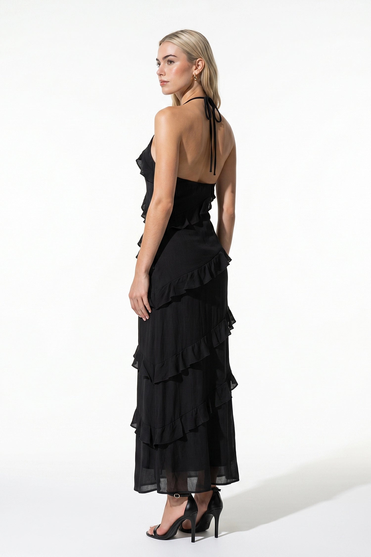 Women's Halter Neck Ruffle Maxi Dress – Elegant Sleeveless Summer Occasion Dress
