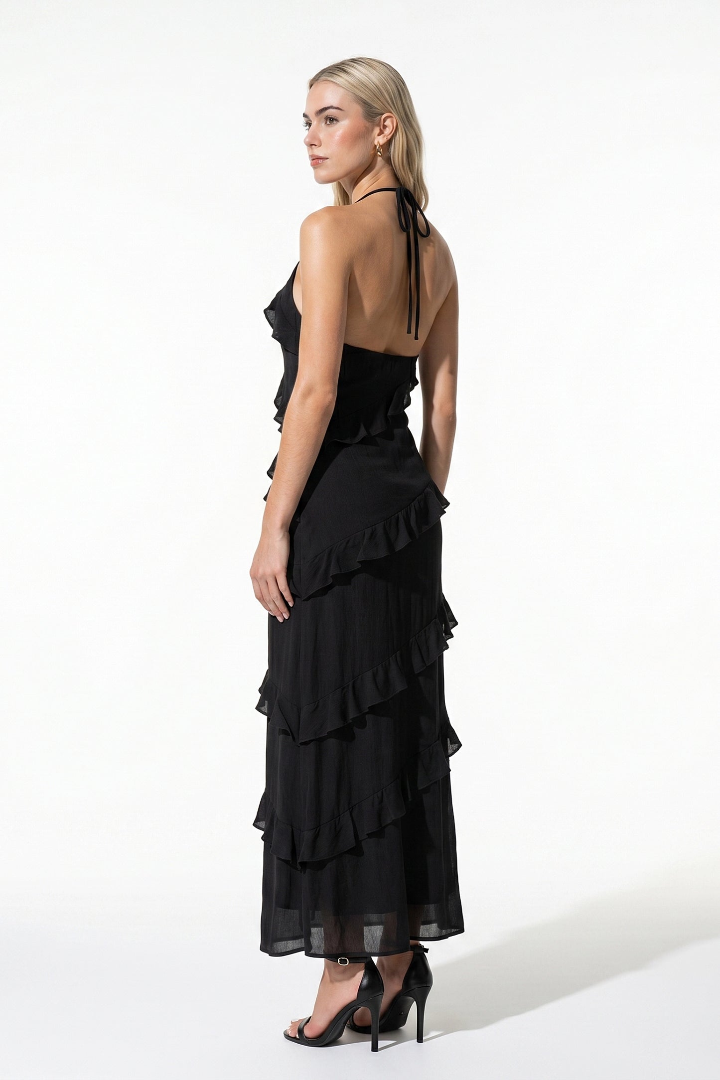 Women's Halter Neck Ruffle Maxi Dress – Elegant Sleeveless Summer Occasion Dress