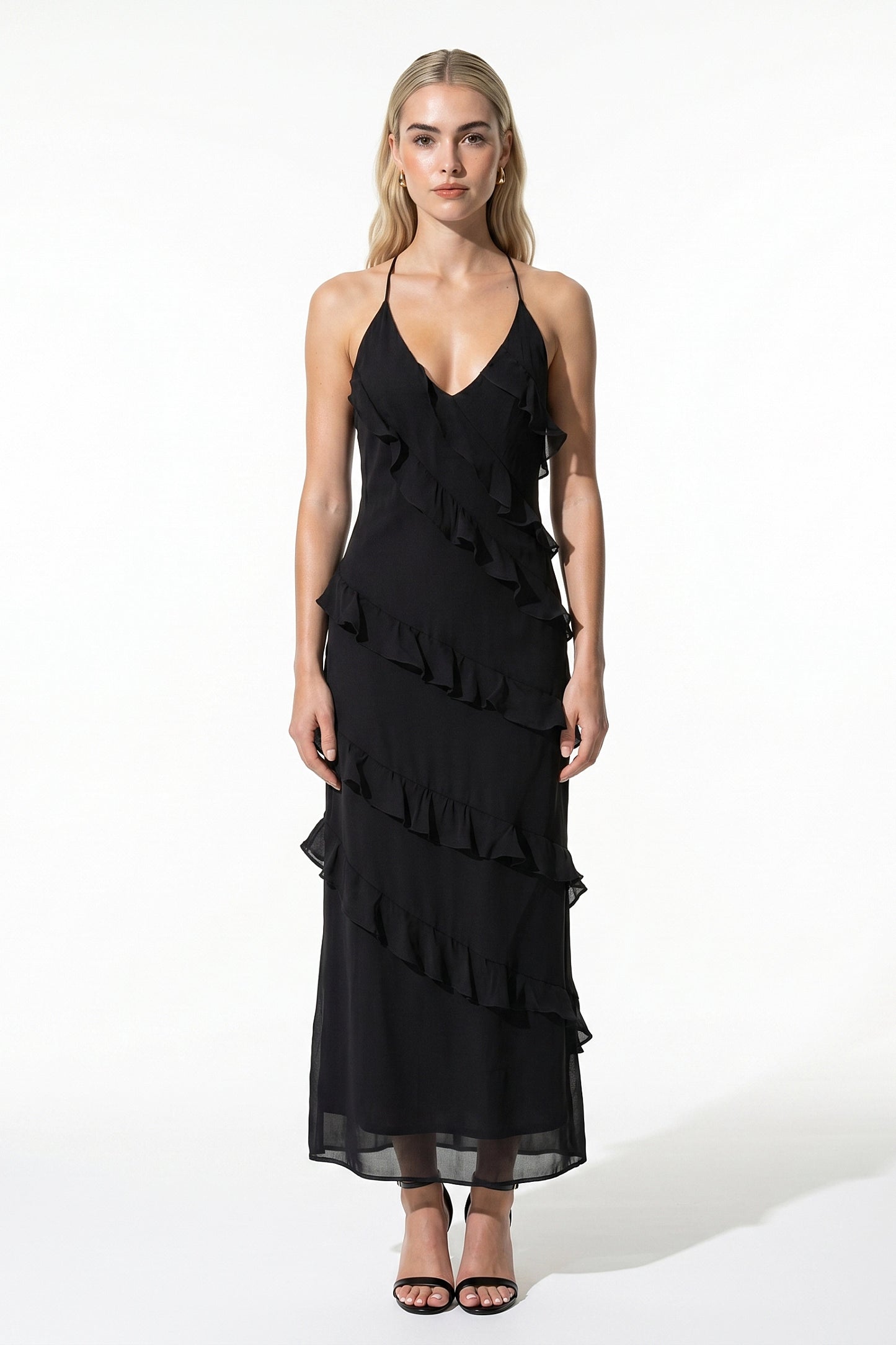 Women's Halter Neck Ruffle Maxi Dress – Elegant Sleeveless Summer Occasion Dress
