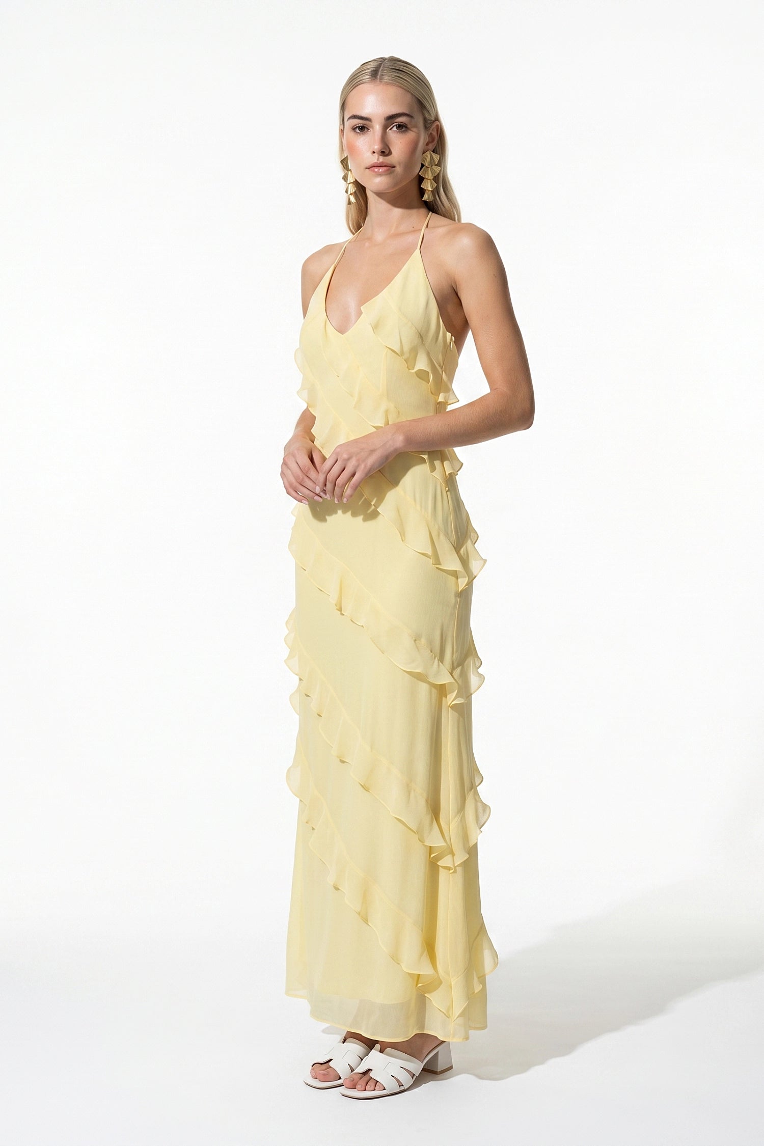 Women's Halter Neck Ruffle Maxi Dress – Elegant Sleeveless Summer Occasion Dress