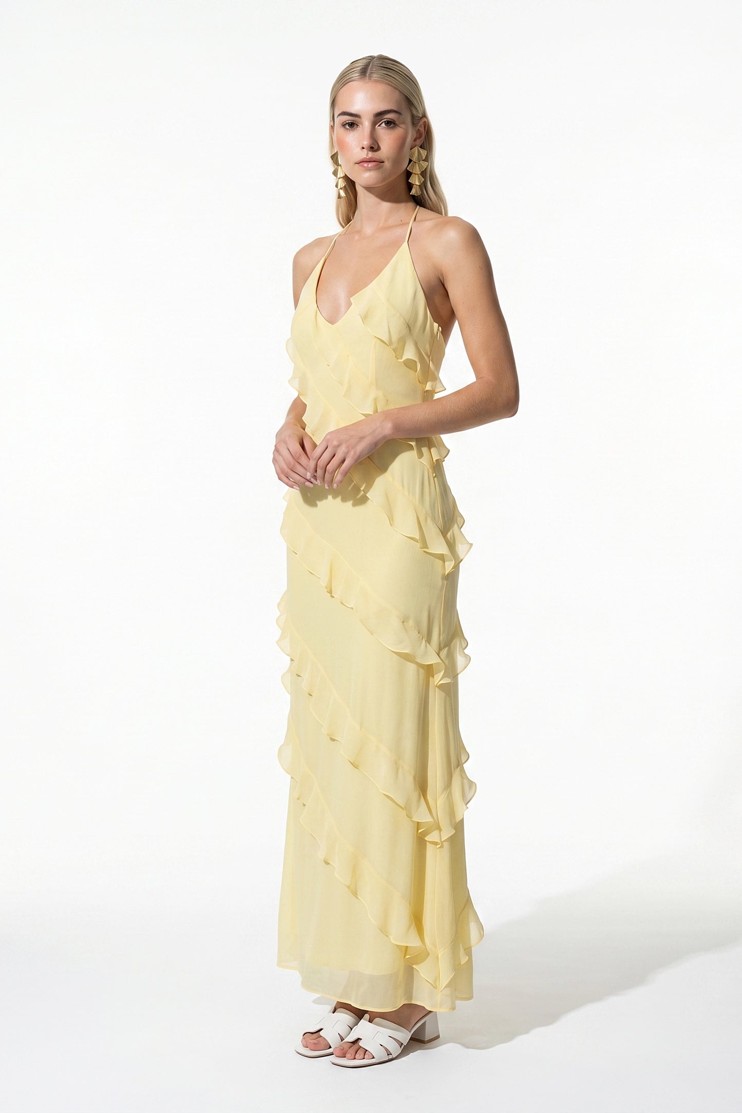 Women's Halter Neck Ruffle Maxi Dress – Elegant Sleeveless Summer Occasion Dress