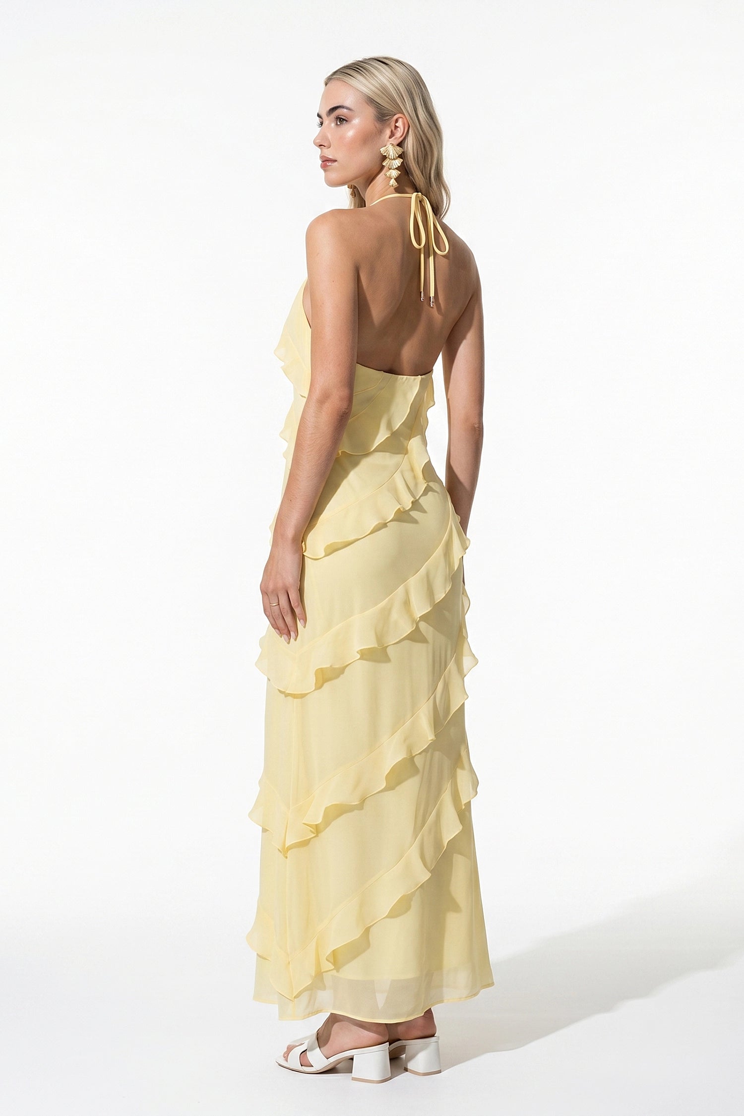 Women's Halter Neck Ruffle Maxi Dress – Elegant Sleeveless Summer Occasion Dress
