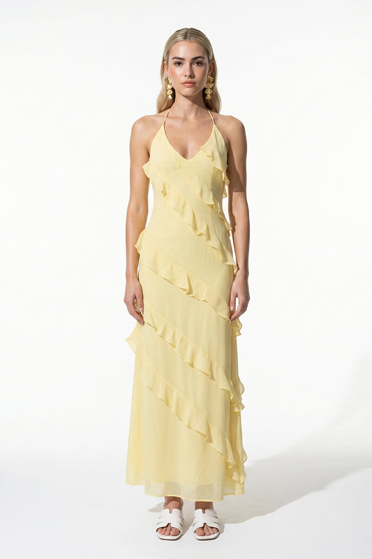 Women's Halter Neck Ruffle Maxi Dress – Elegant Sleeveless Summer Occasion Dress