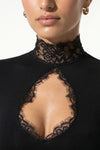 Caurelle | Women’s High Neck Black Mini Dress Sheer Panel Detail