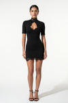 Caurelle | Women’s High Neck Black Mini Dress Sheer Panel Detail