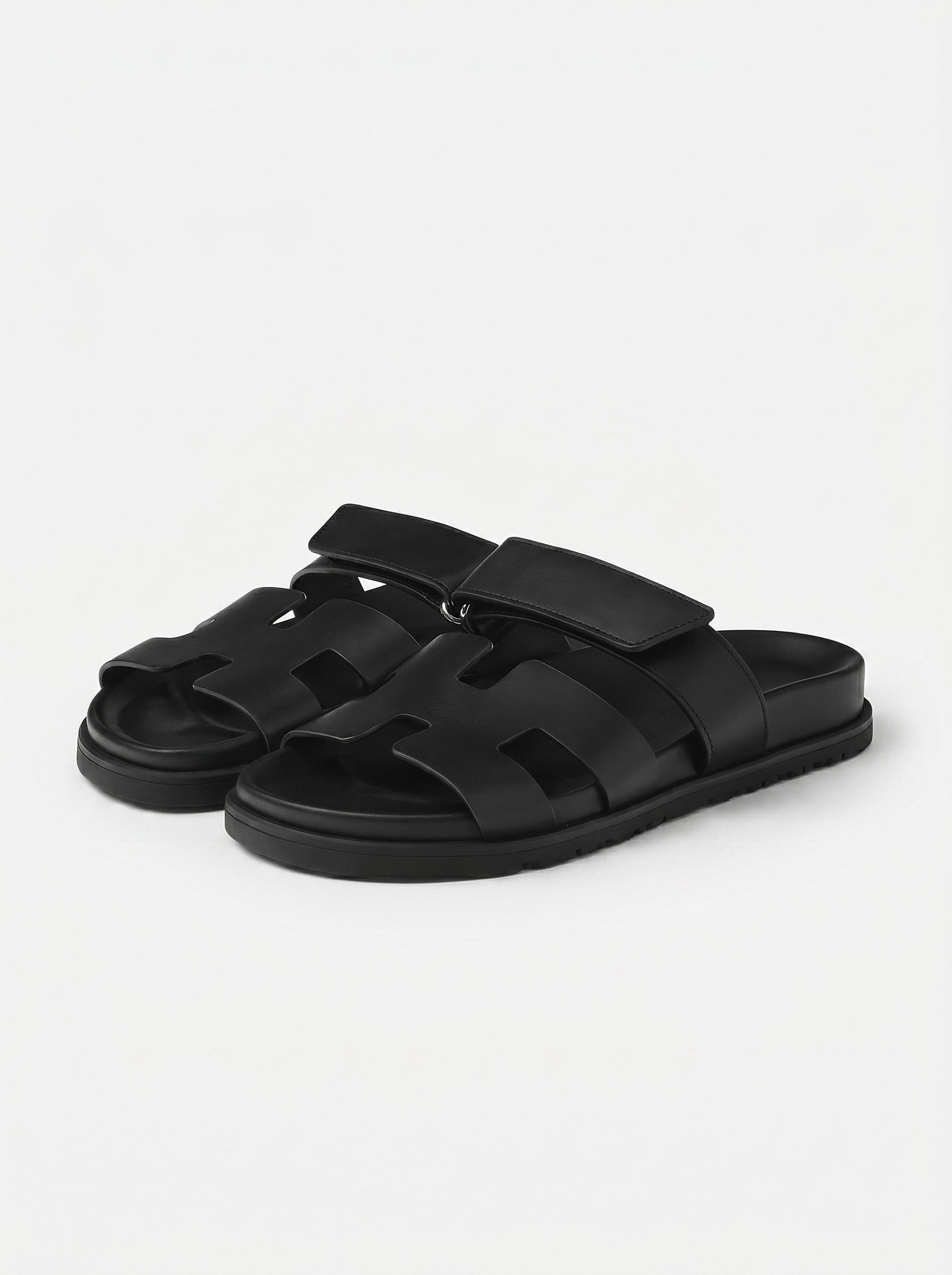 Leather Wide Strap Slides Adjustable Fastening Mens Slip On Sandals