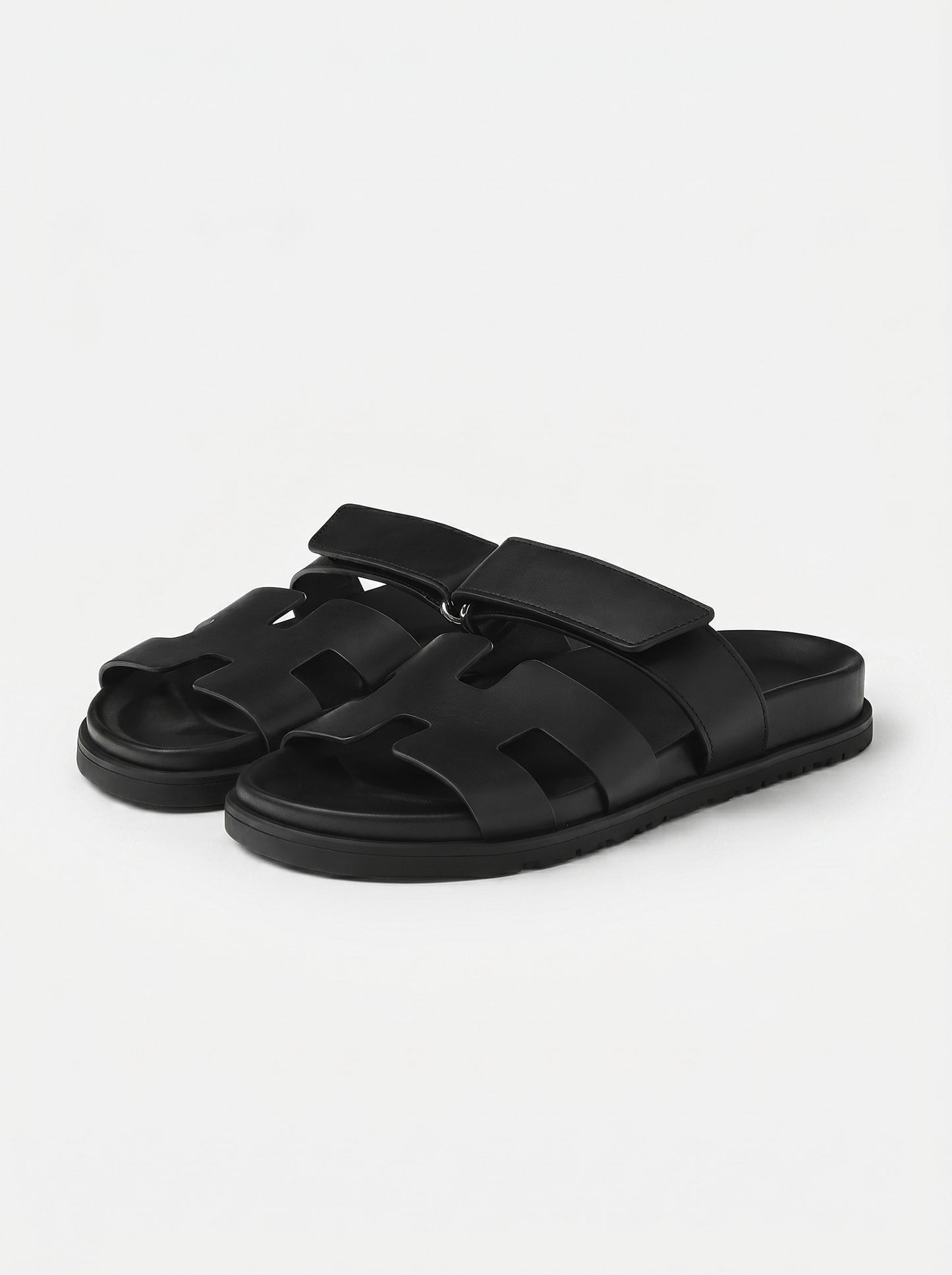 Leather Wide Strap Slides Adjustable Fastening Mens Slip On Sandals