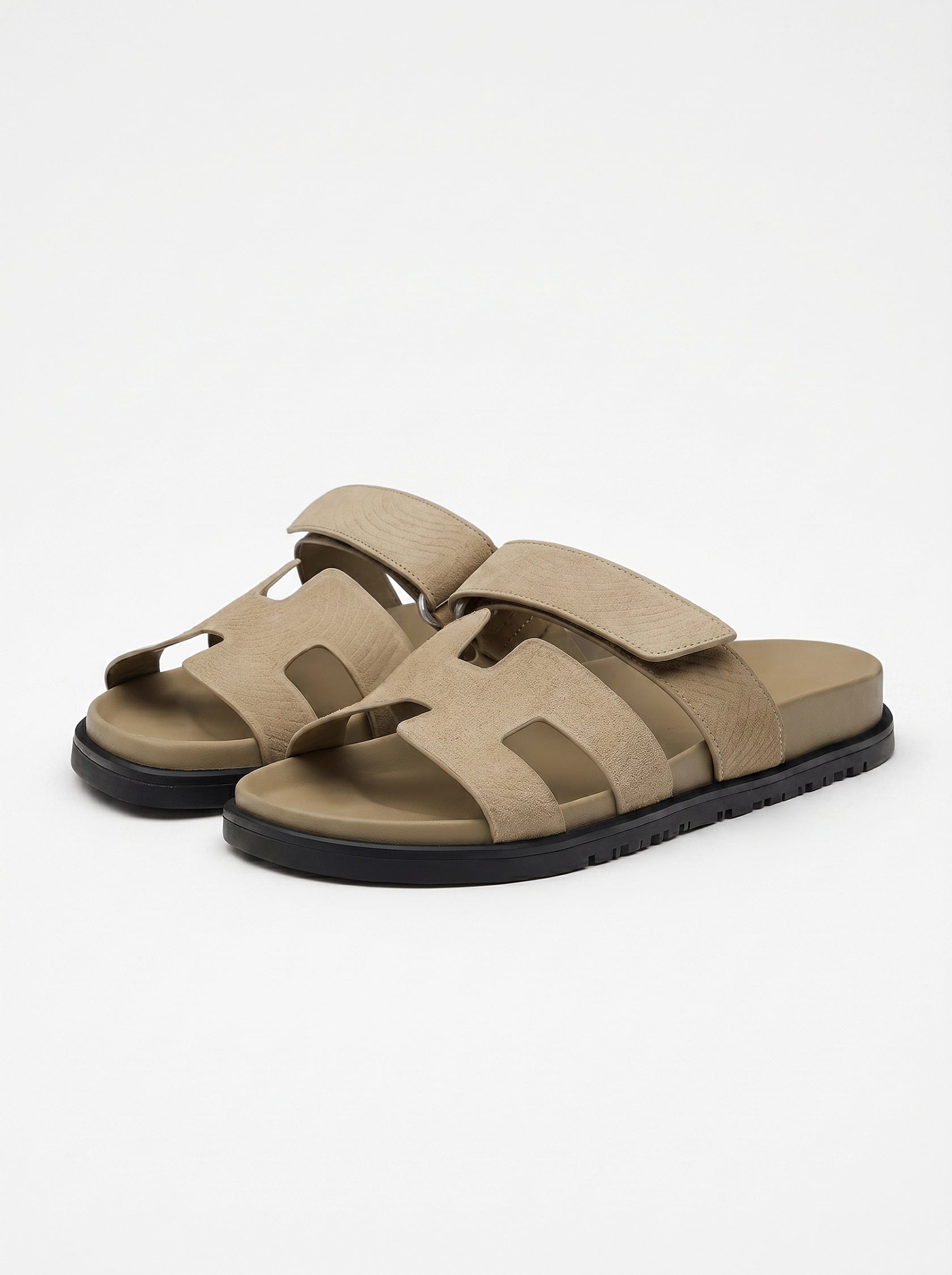 Leather Wide Strap Slides Adjustable Fastening Mens Slip On Sandals