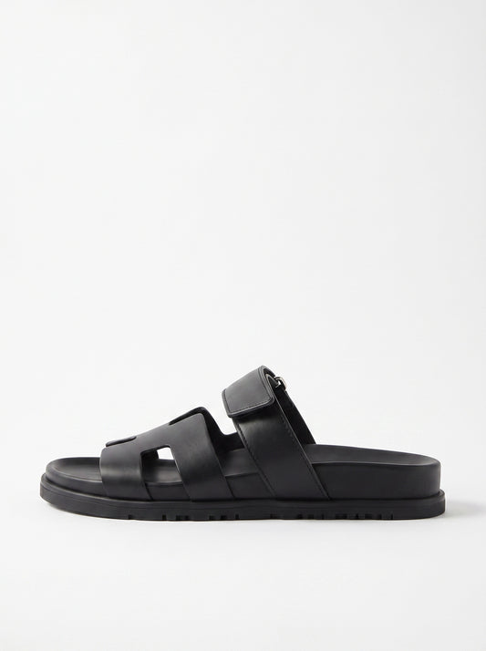 Leather Wide Strap Slides Adjustable Fastening Mens Slip On Sandals