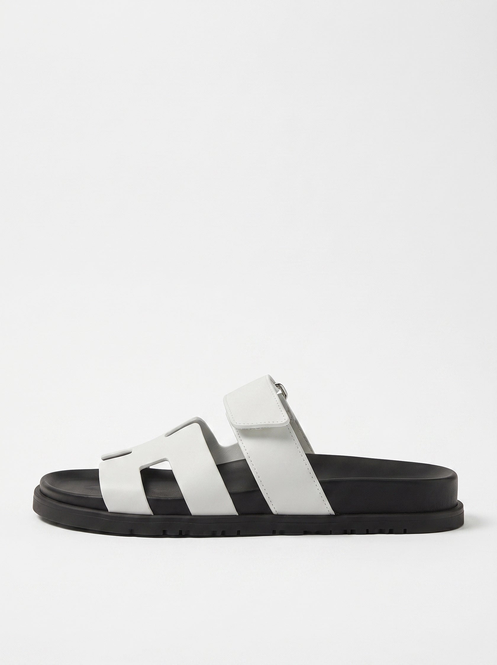 Leather Wide Strap Slides Adjustable Fastening Mens Slip On Sandals