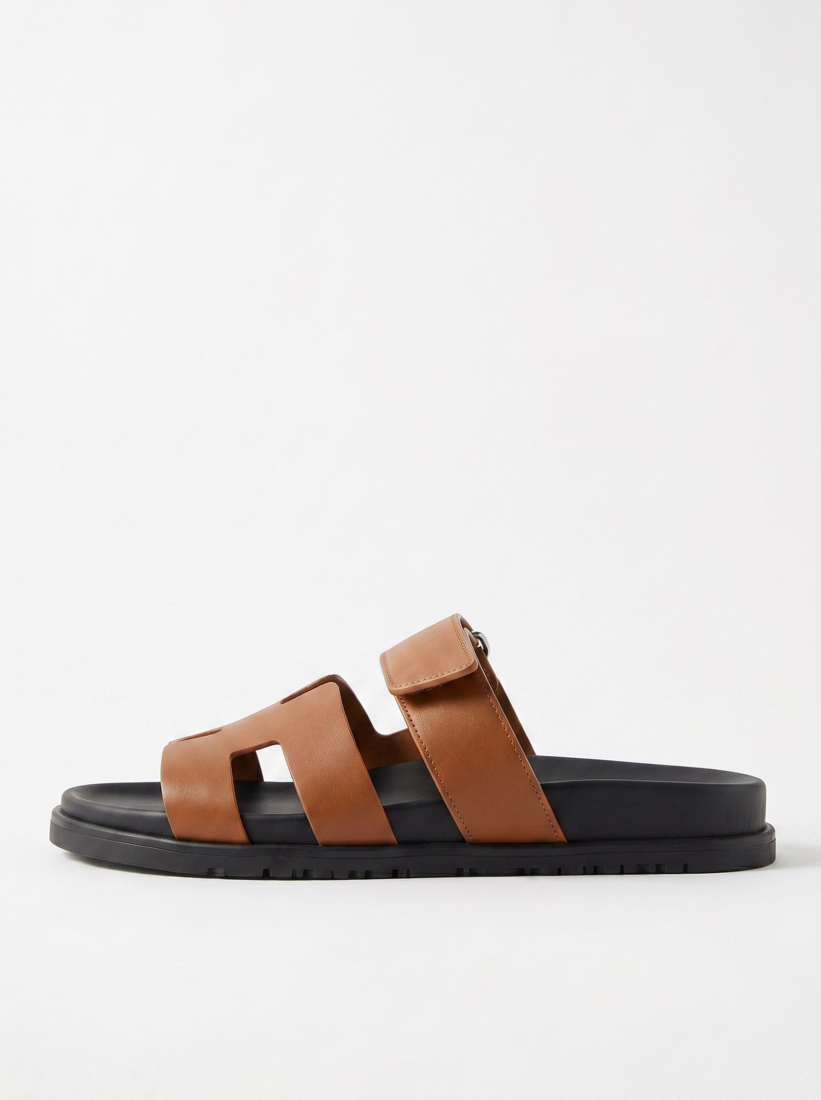 Leather Wide Strap Slides Adjustable Fastening Mens Slip On Sandals