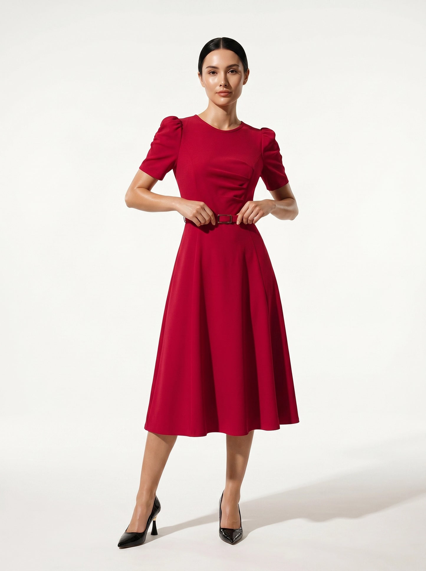 Caurelle | Elegant Summer Midi Dress with Waist Belt