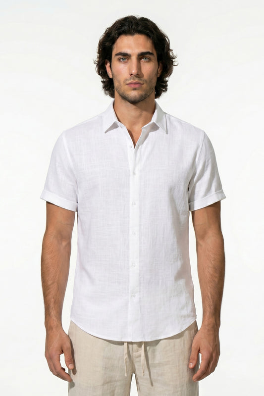 Linen Short Sleeve Shirt Button Up Mens Summer Holiday Beach Top