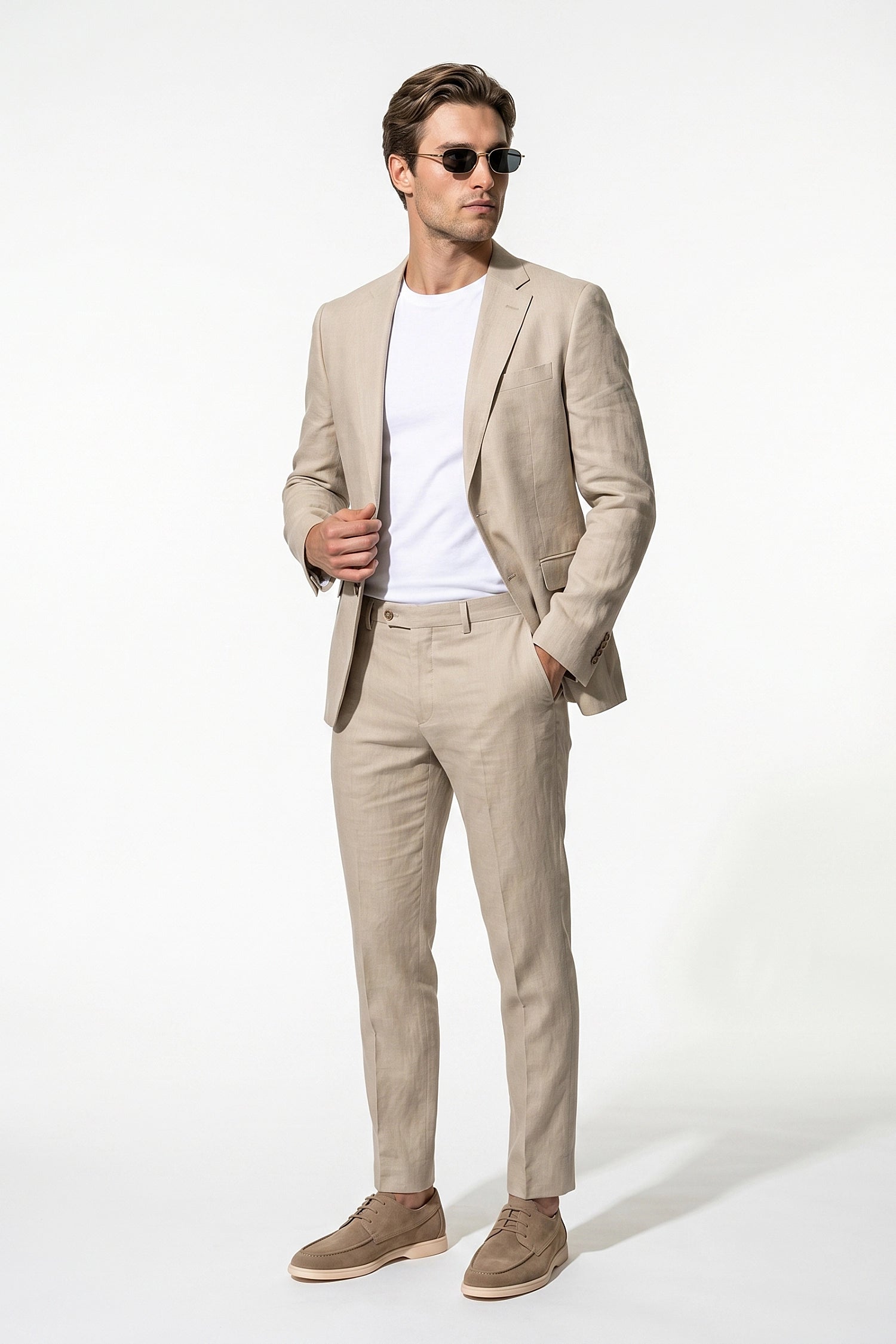 Linen Slim Fit 2 Piece Suit Men - Wedding Guest Trousers Blazer