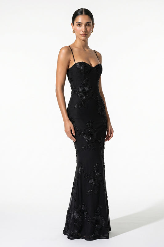 Caurelle | Women’s Black Evening Maxi Dress Flower Embroidery Lace Detail Glamour