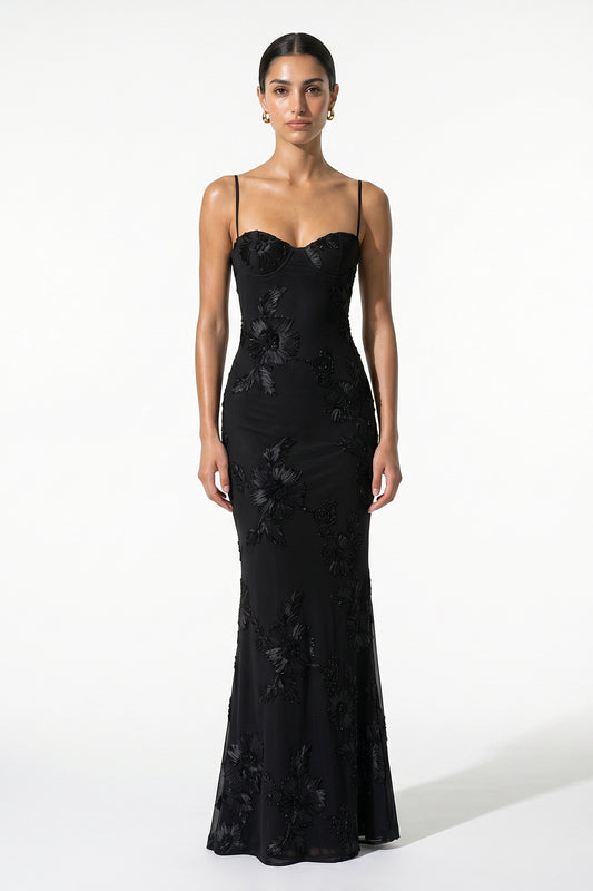 Caurelle | Women’s Black Evening Maxi Dress Flower Embroidery Lace Detail Glamour