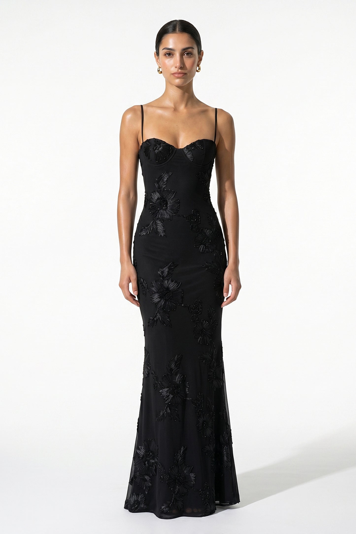 Caurelle | Women’s Formal Maxi Dress Gown with Floral Ribbon Appliques
