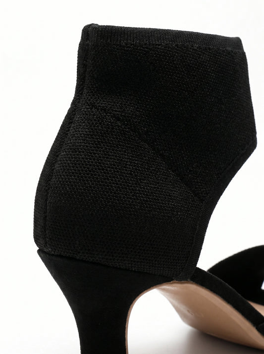 Wide Fit Knit Open Toe Slip On Mid Black Heels - Womens Comfort Party Shoes