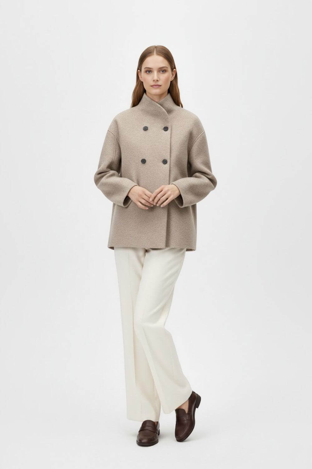 Caurelle | Women’s Wool Coat – Double-Breasted Tatting Weave Elegance