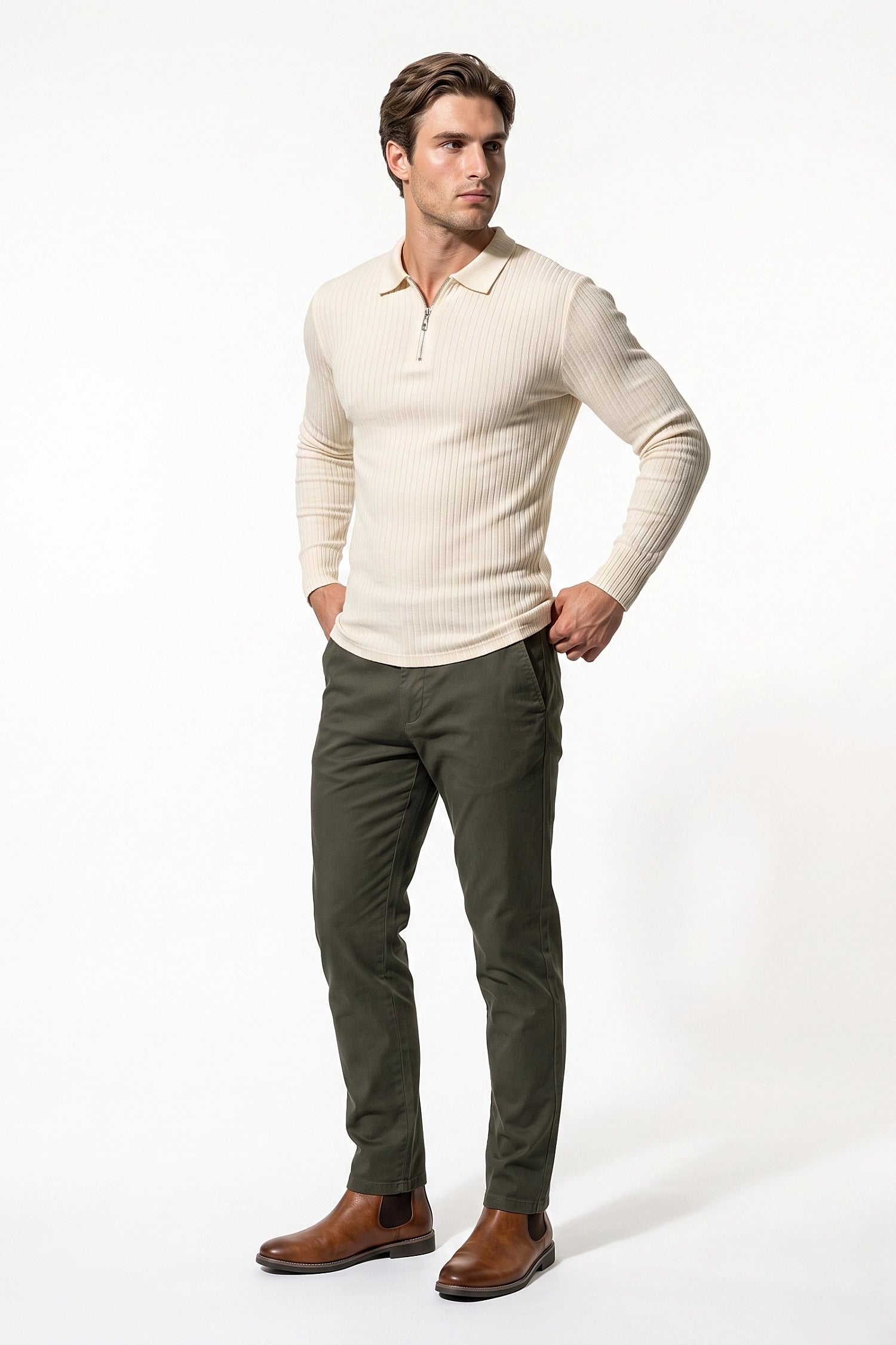 Men’s Winter Comfortable Quarter Zip Ribbed Knit Long Sleeve Polo