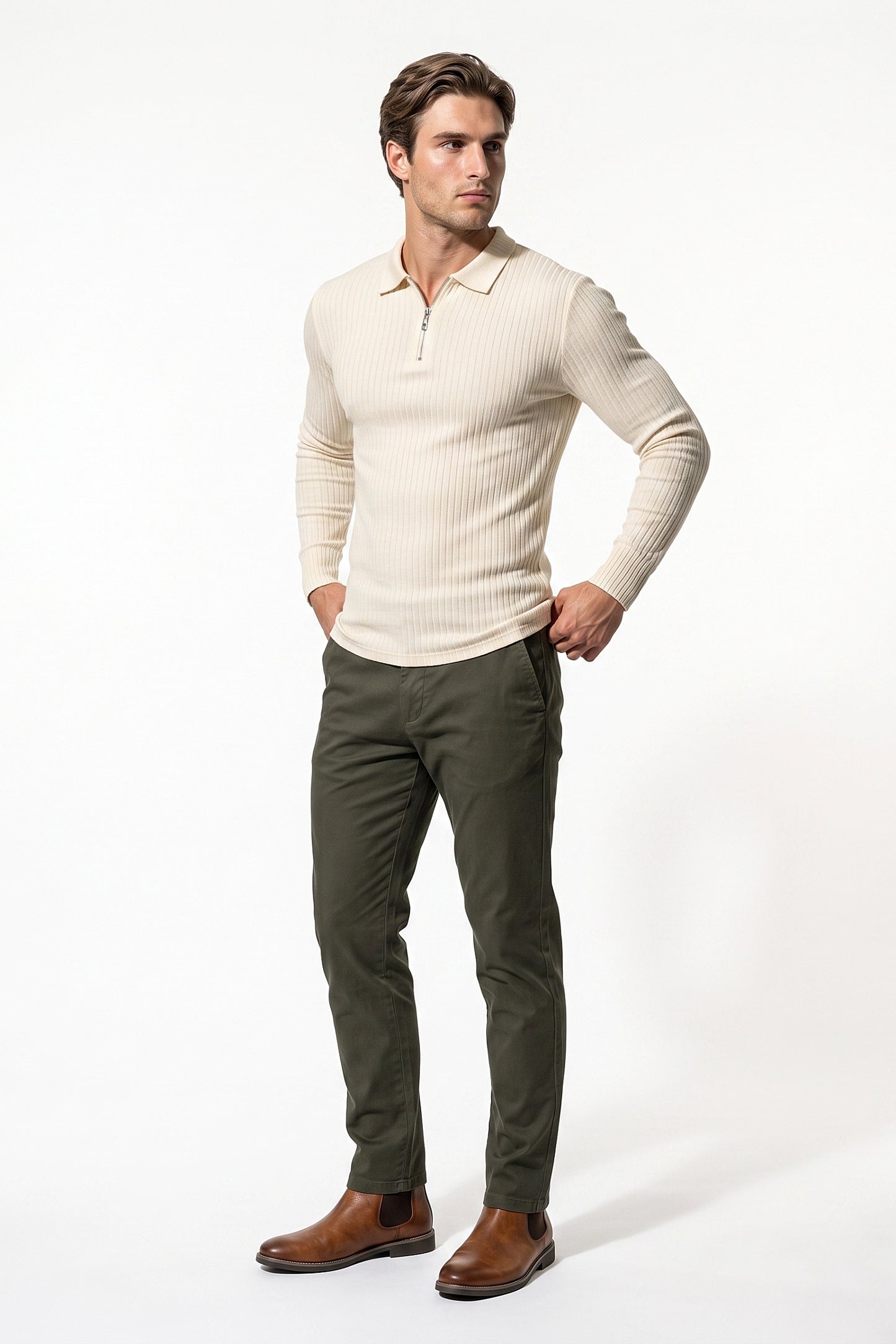 Men’s Winter Comfortable Quarter Zip Ribbed Knit Long Sleeve Polo