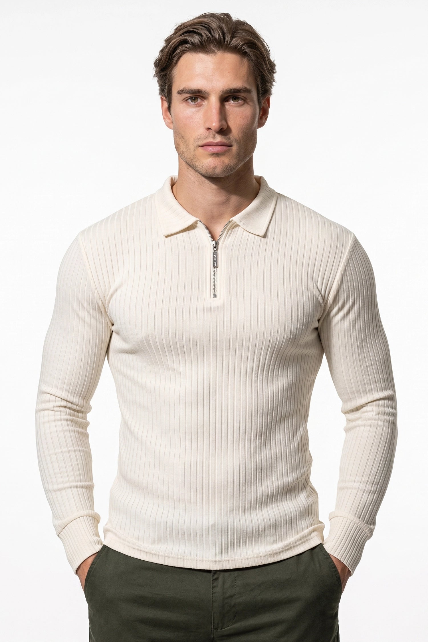Men’s Winter Comfortable Quarter Zip Ribbed Knit Long Sleeve Polo