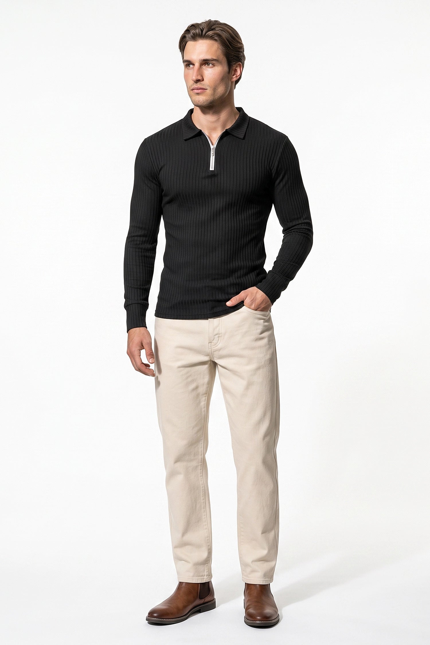 Men’s Winter Comfortable Quarter Zip Ribbed Knit Long Sleeve Polo
