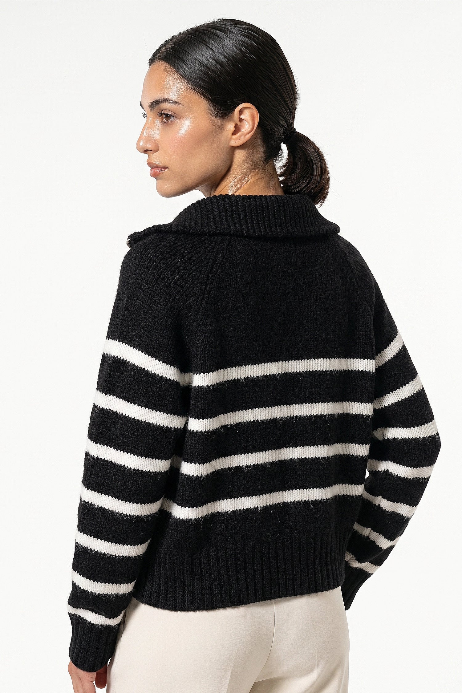 Women's Winter Warm Striped Knit Jumper with Quarter Zip