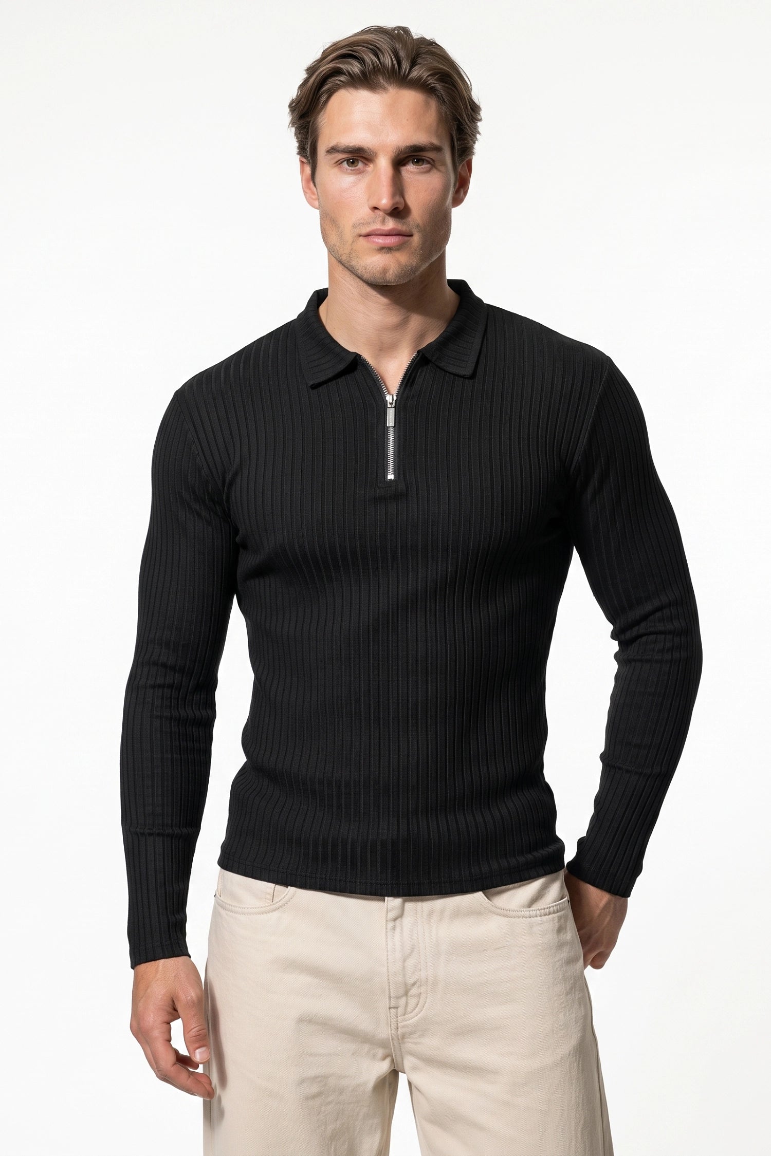 Men’s Winter Comfortable Quarter Zip Ribbed Knit Long Sleeve Polo