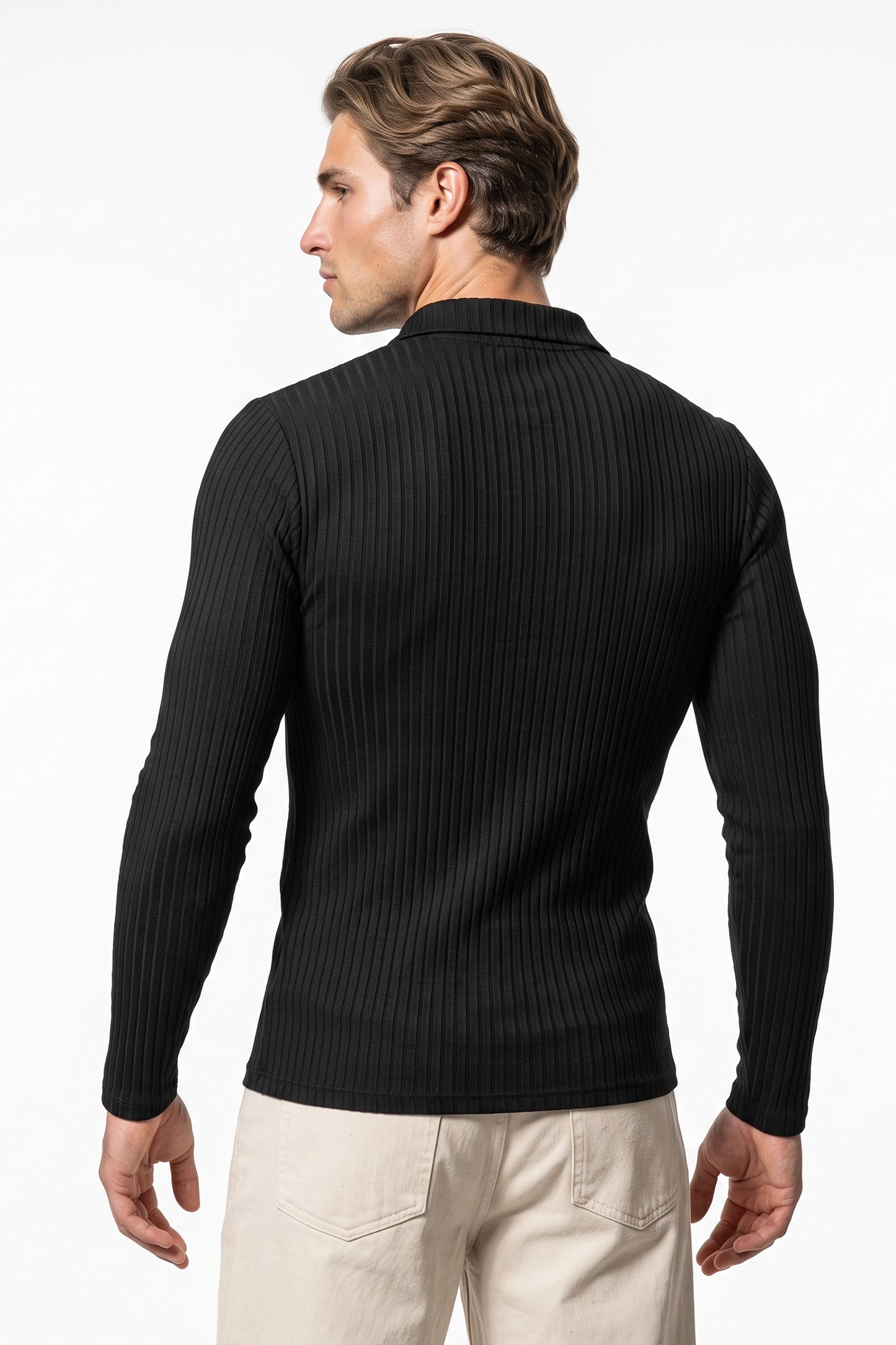 Men’s Winter Comfortable Quarter Zip Ribbed Knit Long Sleeve Polo