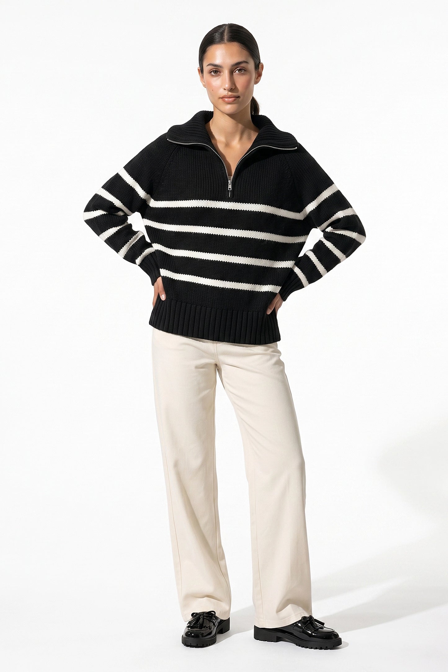 Women's Winter Warm Striped Knit Jumper with Quarter Zip