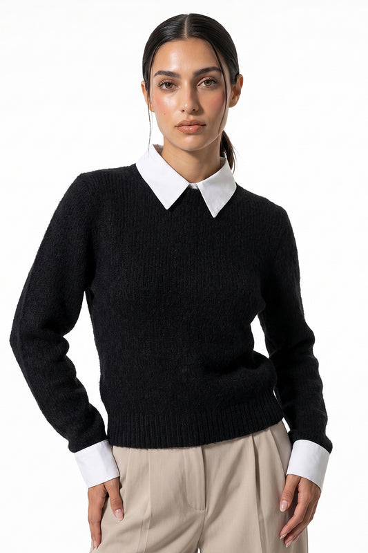 Women's Winter Warm Crew Neck Jumper with Layered Collar