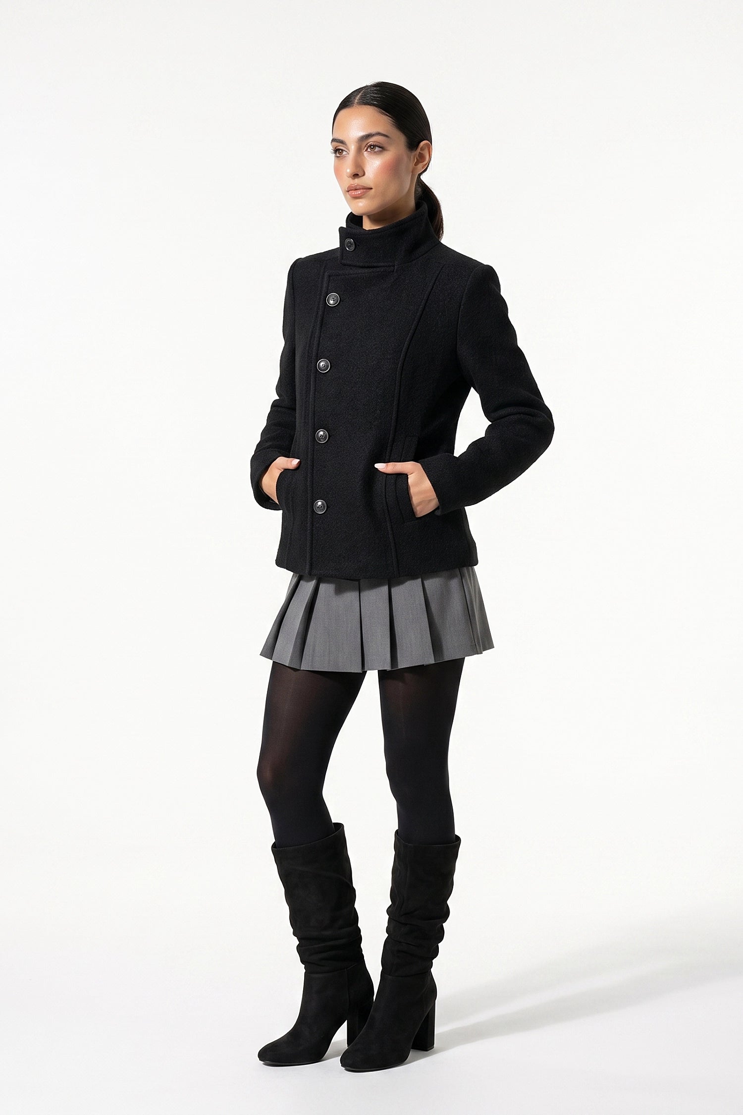 Women’s Winter Warm Asymmetric Button Black Short Coat with High Collar