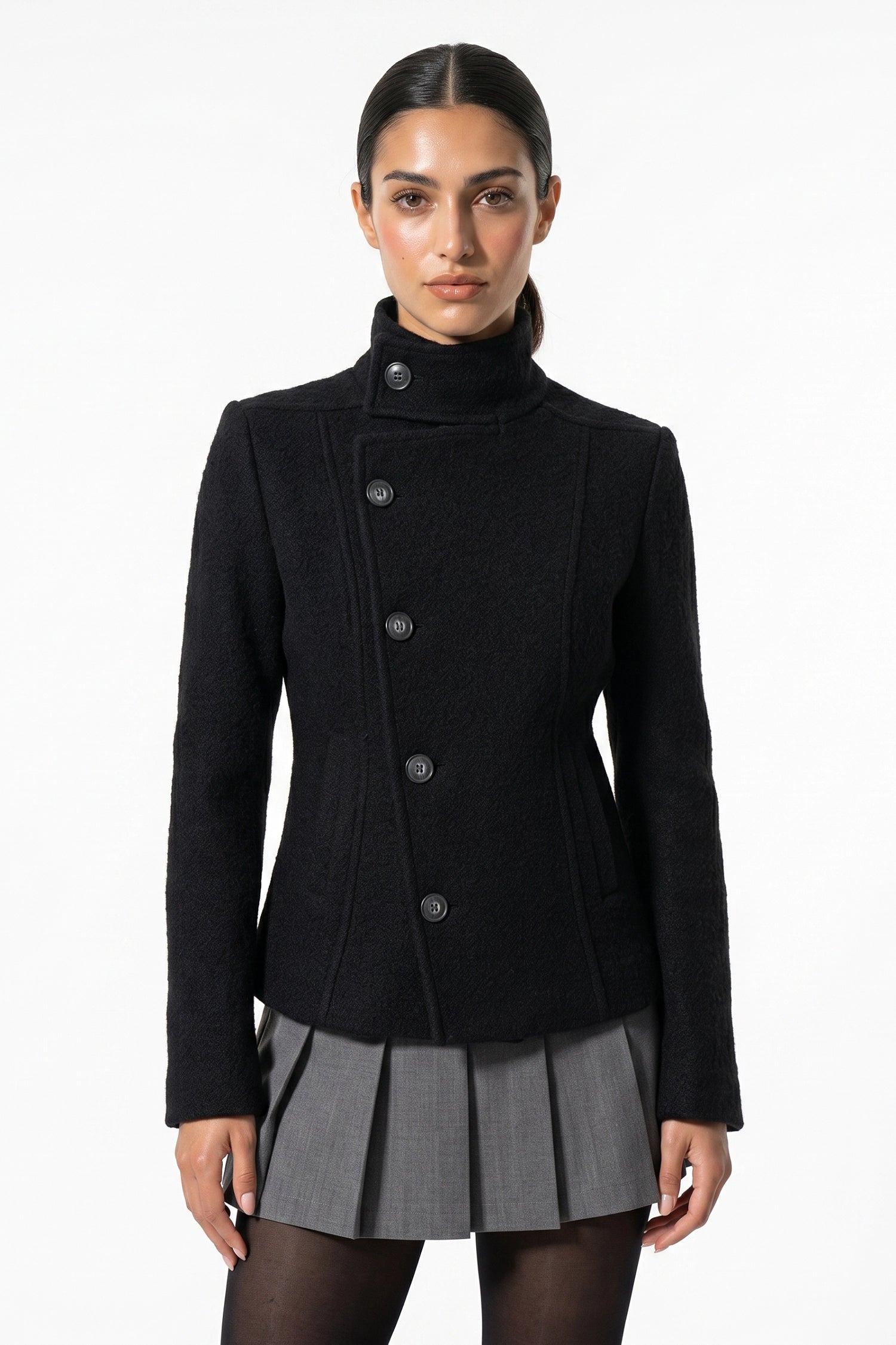 Women’s Winter Warm Asymmetric Button Black Short Coat with High Collar