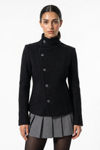 Women’s Winter Warm Asymmetric Button Black Short Coat with High Collar