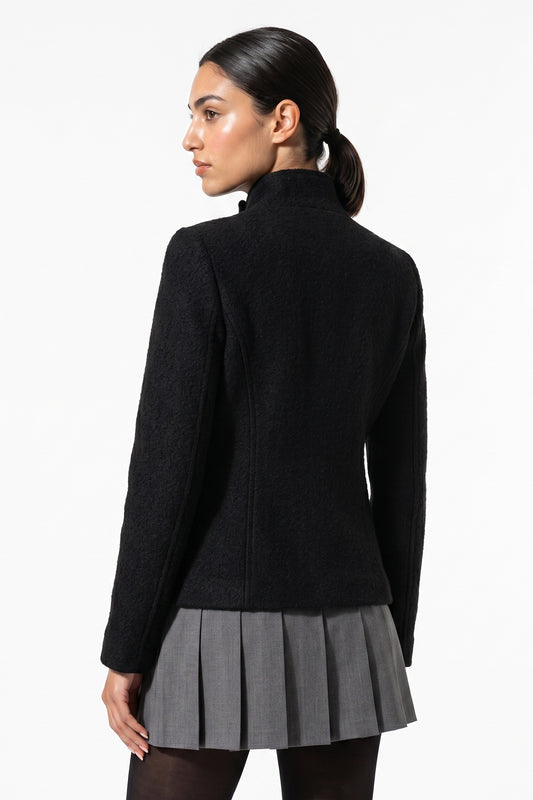Women’s Winter Warm Asymmetric Button Black Short Coat with High Collar
