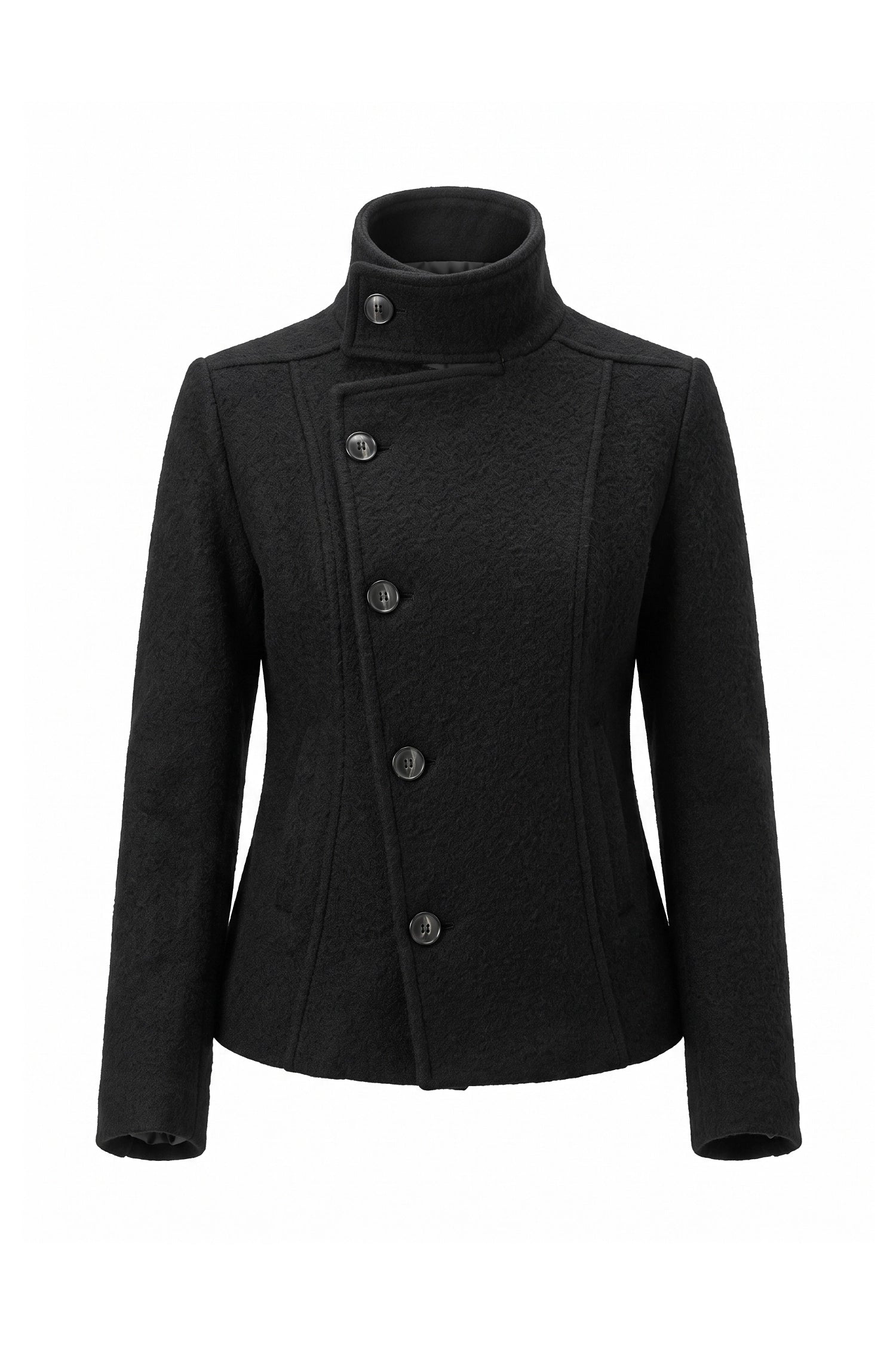 Women’s Winter Warm Asymmetric Button Black Short Coat with High Collar