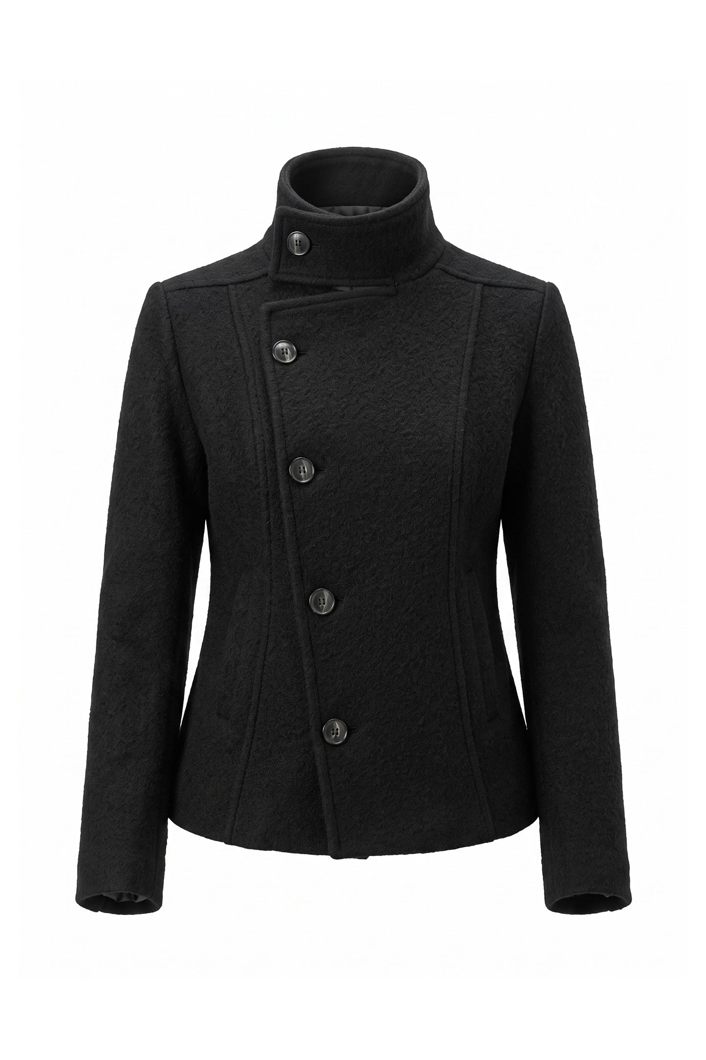 Women’s Winter Warm Asymmetric Button Black Short Coat with High Collar