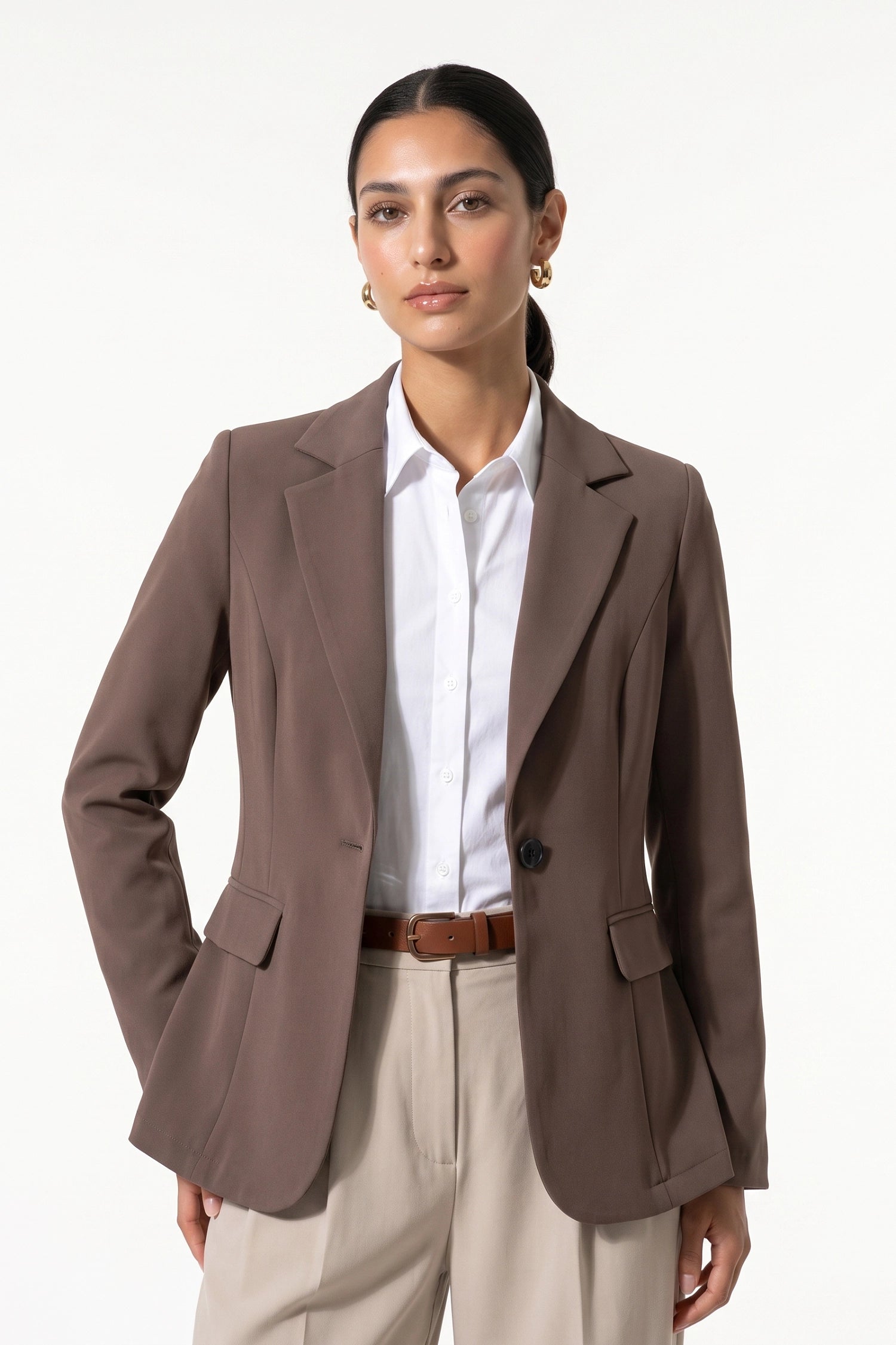 Women's Winter Versatile Brown Blazer with Casual Longline Notch Lapel