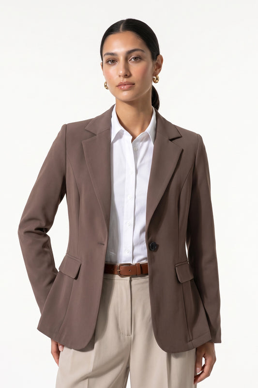 Women's Winter Versatile Brown Blazer with Casual Longline Notch Lapel