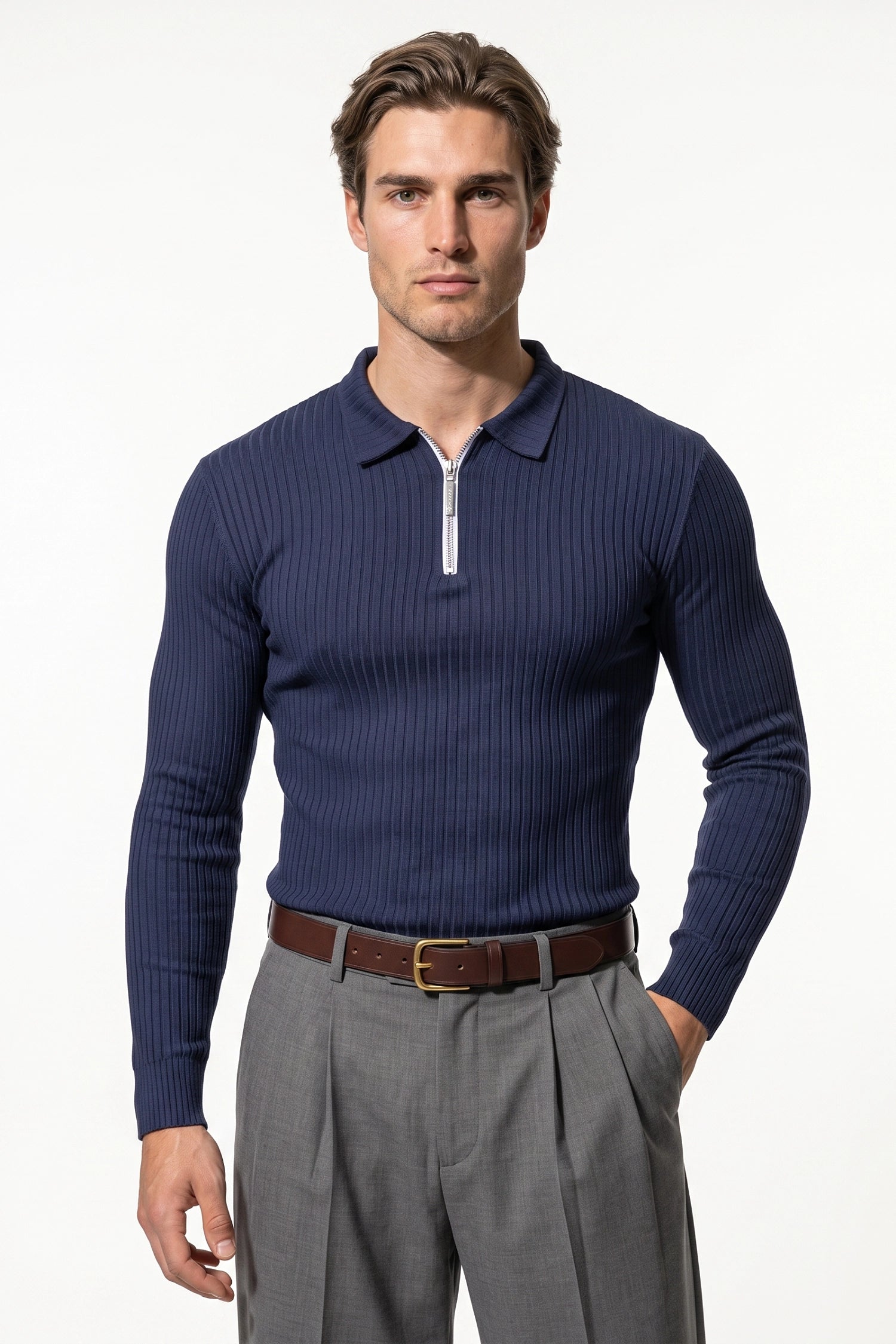 Men’s Winter Comfortable Quarter Zip Ribbed Knit Long Sleeve Polo