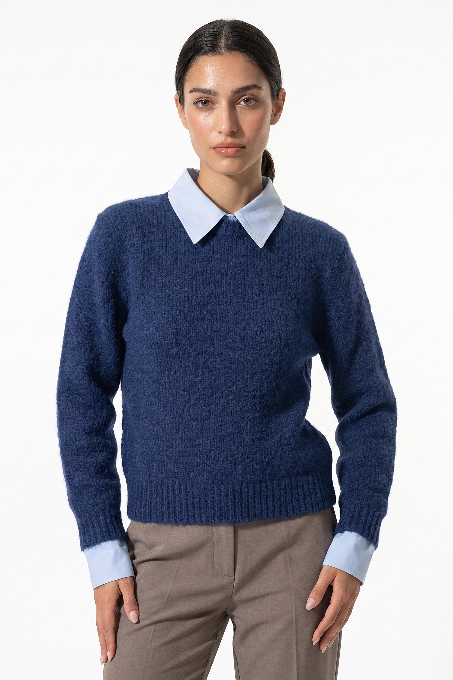 Women's Winter Warm Crew Neck Jumper with Layered Collar