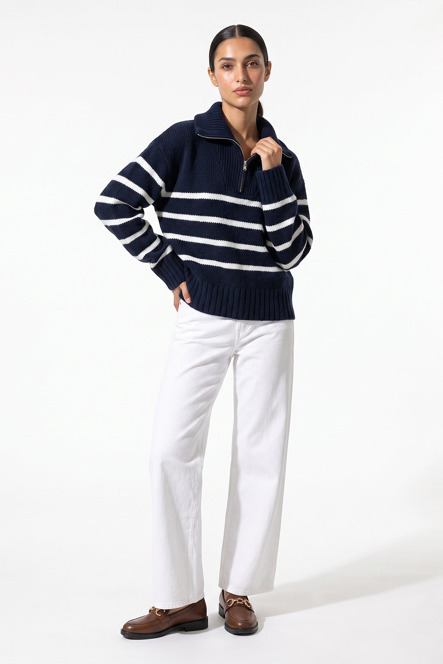 Women's Winter Warm Striped Knit Jumper with Quarter Zip